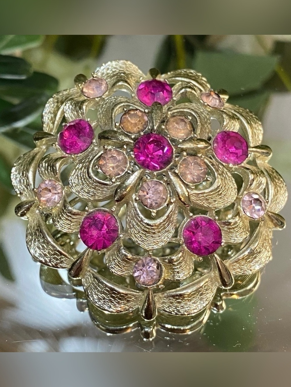 Vintage Signed Coro Large 2” Layered Pink Rhinestone Brooch Setting Gold Tone